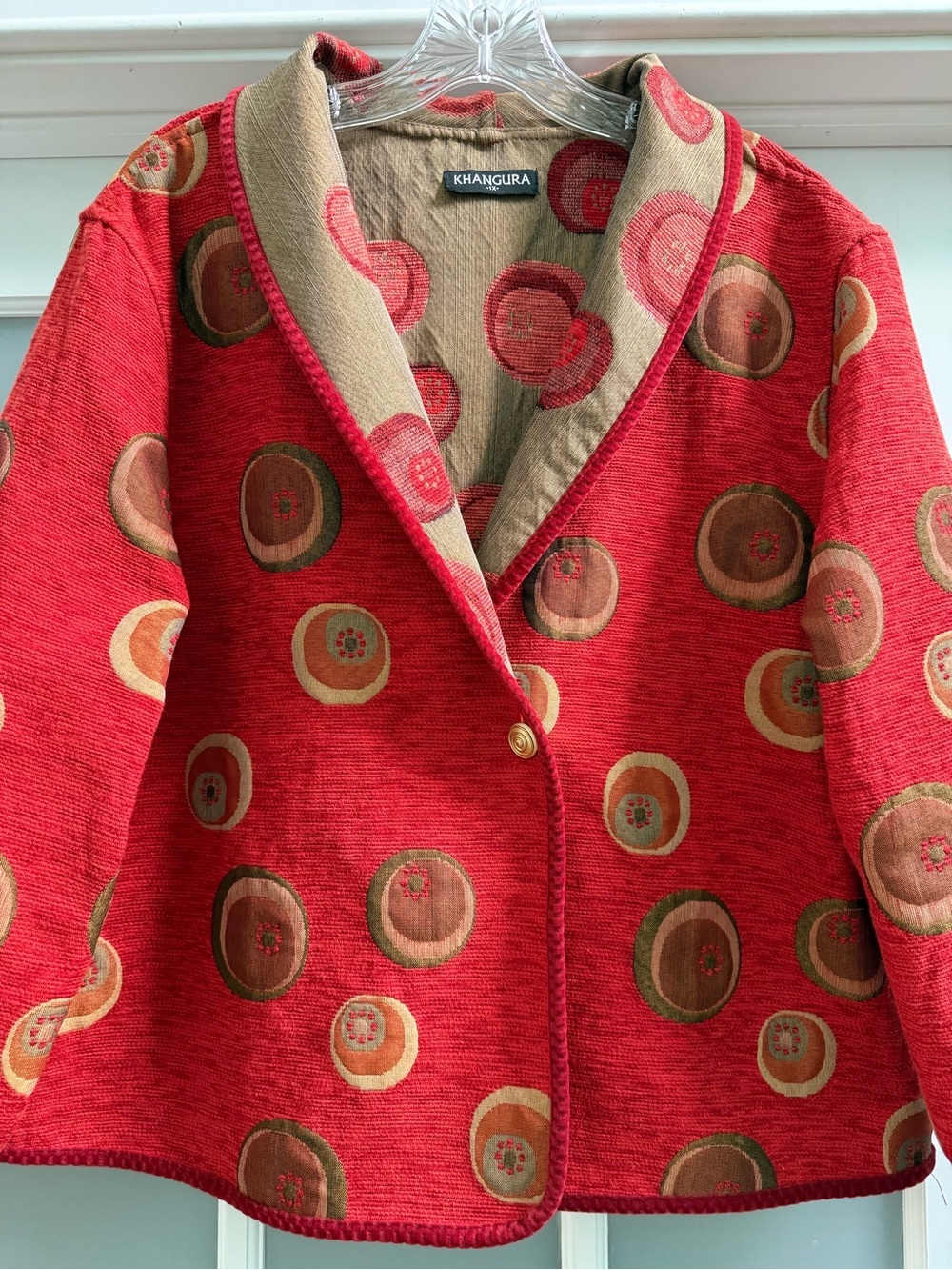 KHANGURA Reversible Red Tan Art Deco Tapestry Long Sleeve Cardigan Jacket Sz 1X